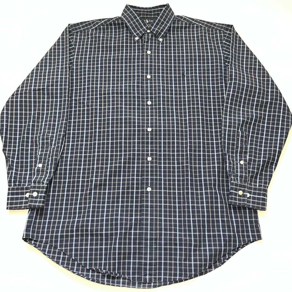 Ralph Lauren Dress Shirt Mens L Large 15.5 Blue Plaid Yarmouth Long Sleeve